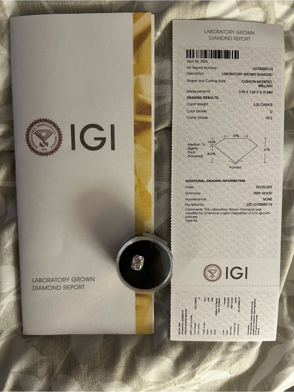 Cushion Cut Lab-Grown Diamond 3.03ct - IGI Report Included